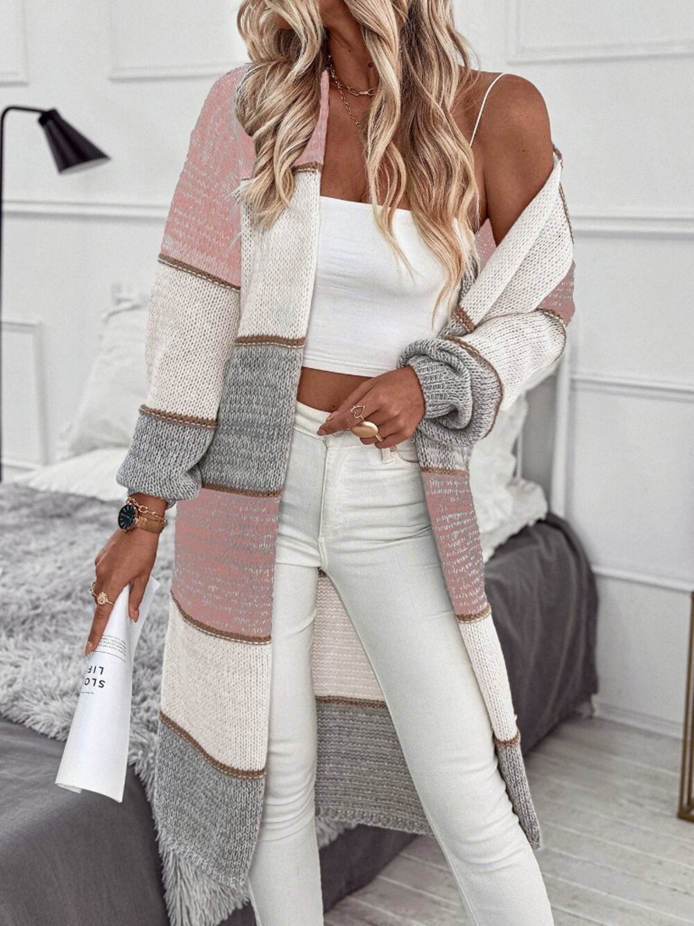 Pink Casual Women's Color Block Dual Pocket Long Sleeve Loose Fit Cardigan